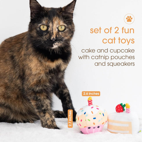 Set, Set 2 Pearhead Happy Birthday Cake Cat Toy Stuffed Birthday Cake and Cupcake Cat Toys with Catnip and Squeakers