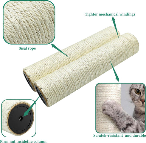 Cat Scratching Post Replacement Pole, 2 PCS 11.81in Natural Sisal Parts with M8 Screws for Refurbishment