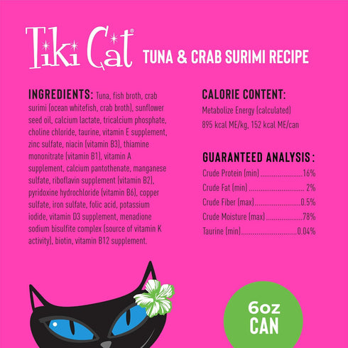 Tiki Cat Grill, Tuna & Crab Surimi, High-Protein Wet Whole Foods Cat Food, 6 oz. Cans (Case of 8)