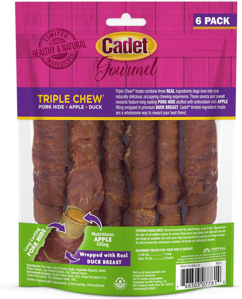 6 Count Cadet Gourmet Triple Chews Long-Lasting Pork Hide Sticks with Apple and Duck, Healthy Dog Treats for Small