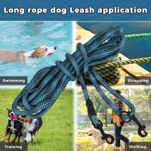 Long Dog Leash Tie-Out Check Cord, 16FT/30FT/50FT/100FT Heavy Duty Recall Training Rope Leash for Dogs