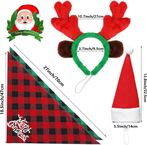 SATINIOR 4 Pcs Adjustable 3D Christmas Dog Santa Hat - Classic Buffalo Plaid Scarf, Reindeer Antlers Headband for Pets