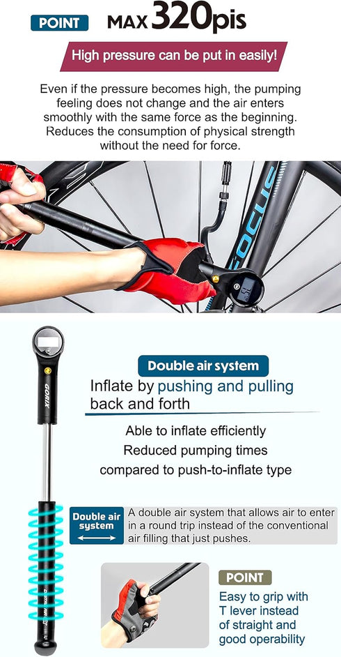 GORIX Bike Portable Pump, High Pressure 320psi Bicycle Air Pump with Digital Gauge for Presta Schraeder (GX-MPE320)