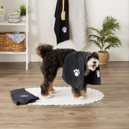 Bone Dry Pet Grooming Towel Collection, Embroidered Absorbent Microfiber Drying Set, 15x30, Black, 3 Count