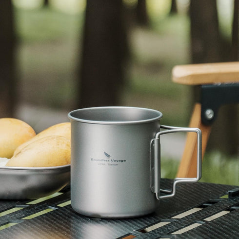 iBasingo 420ml Titanium Mug without Lid, Ultra-light Portable Outdoor Camping Pot, Hiking Drinkware with Foldable