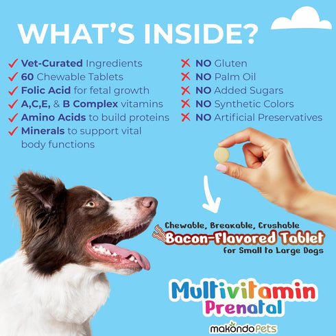 Dog Prenatal Vitamins Multivitamin for Cats & Dogs, Folic Acid, Calcium, Iron, Minerals and Amino Acids. Ideal