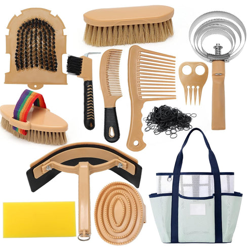 Horse Grooming Kit for Bathing, 13Pcs Horse-Brush Set with Mesh Bag, Shower