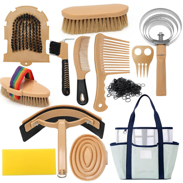 Horse Grooming Kit for Bathing, 13Pcs Horse-Brush Set with Mesh Bag, Shower