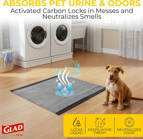6-Layer 23 23 100 Count Glad for Pets Black Charcoal Puppy Pads - Leak-Proof Construction, Activated Carbon Odor