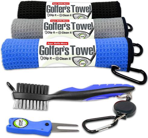 Fireball Golf Towel Gifts Set - 3 Towels, Divot Tool, Ball Marker, Cleaning Brush, Many Colors Available