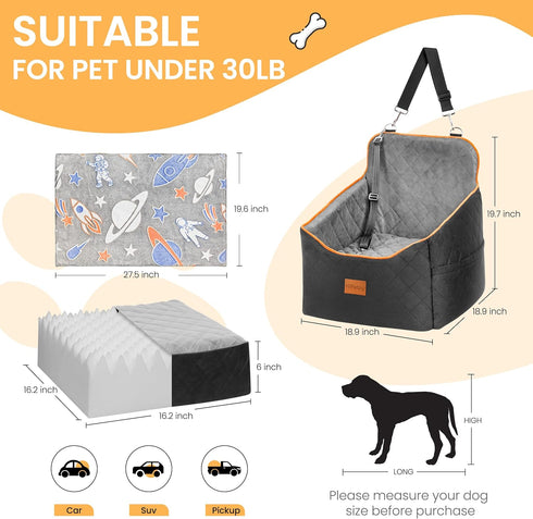 30lb, HiPetpy Dog Car Seat for Small Dog, Booster Seat for Dogs Under Elevated Pet Seat with Pockets, Anti-Slip Bed