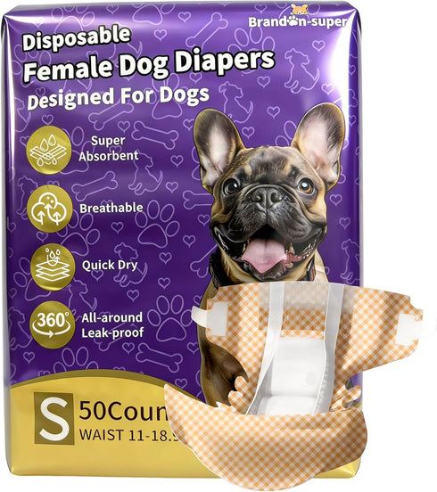 BrandonSuper Dog Diapers Female 50CT,S,Ultra Absorbent Disposable Girl Doggy Diapers,Leak-Proof 360Waist Dog