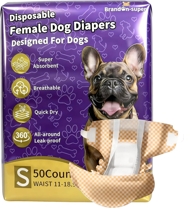 BrandonSuper Dog Diapers Female 50CT,S,Ultra Absorbent Disposable Girl Doggy Diapers,Leak-Proof 360Waist Dog