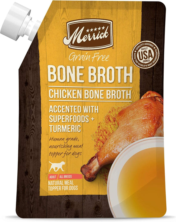Merrick Grain Free Bone Broth: Premium Human Grade Gluten Free Dog & Cat Food Topper Pouches, Chicken - 16 oz