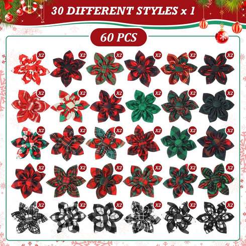 60 Pcs Plaid Dog Collar Flowers, Bulk Pet Flower Collar Bow Ties for Small Medium Large Dogs and Cats