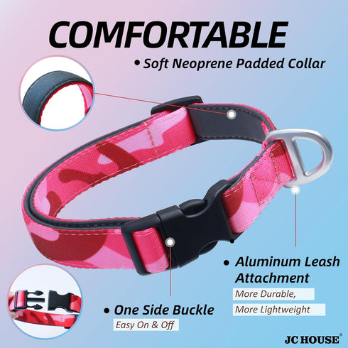 Soft Padded Dog Collar, Adjustable Heavy Duty Collar with 3M Reflective Logo, Camo Pink, Medium