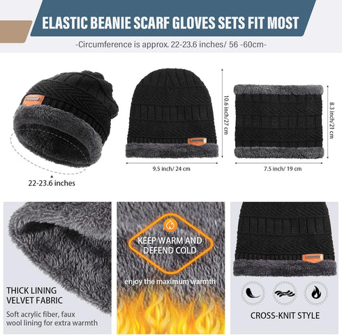 Winter Beanie Hat, Neck Warmer, Touchscreen Gloves Set, Fleece Knitted Caps, Circle Loop Scarf for Men Women