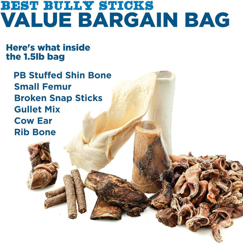 Mixed Morsels Bargain Bag - 1.5 lb. Assorted Natural Dog Treats - Rawhide-Free Variety - Stuffed Shin Bone, Small Femur, Broken Snap Sticks, Gullet Mix, Cow Ear, Rib Bone