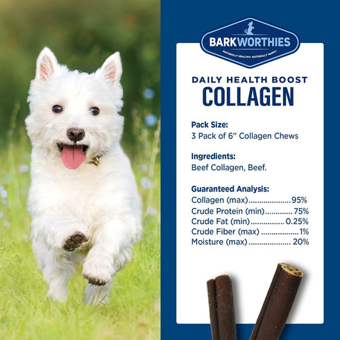 Barkworthies Collagen Sticks 6-Inch 3-Count, Great Tasting, Highly Digestible Dog Chew