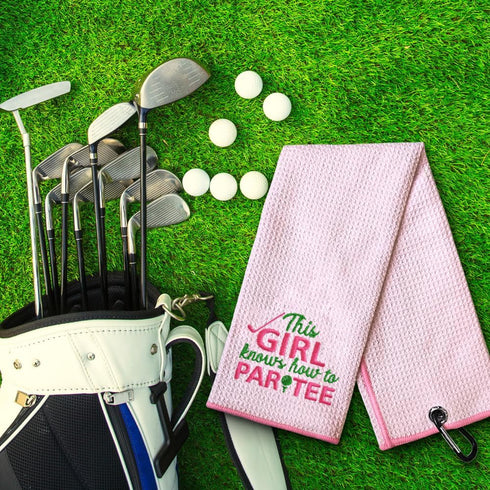 This Girl Knows How to Par Tee Embroidered Pink Golf Towel, Funny Gift for Grandma Mom Golfer
