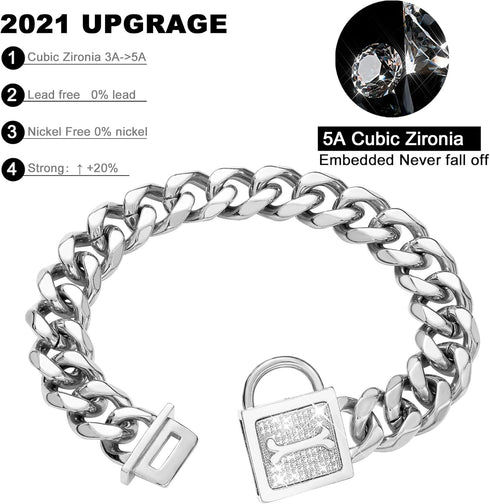 Dog Chain Collar with Cubic Zirconia Locking, High Polished Stainless Steel Cuban Link, 18" for Small Medium Dogs