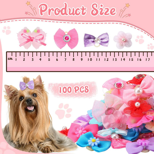 100 Pieces Dog Bows Cute Dog Puppy Hair Bows Multicolor Girl Dog Accessories Small Dog Hair Bows Bowknot Puppy Bows with Strong Rubber Bands and Rhinestone Pearls for Pet Hair Grooming Accessories