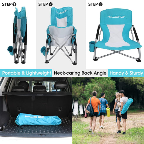 HAUSHOF Low Beach Chair, Mesh Back Folding Chair, Lightweight Low Seat Camping Chairs with Cup Holder, Carry Bag