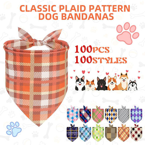 100 Summer PAWCHIE Pcs Dog Bandanas Bulk Pet Bibs Plaid Print Colorful Triangle Scarf Pet Bandanas Plaid Festival Style