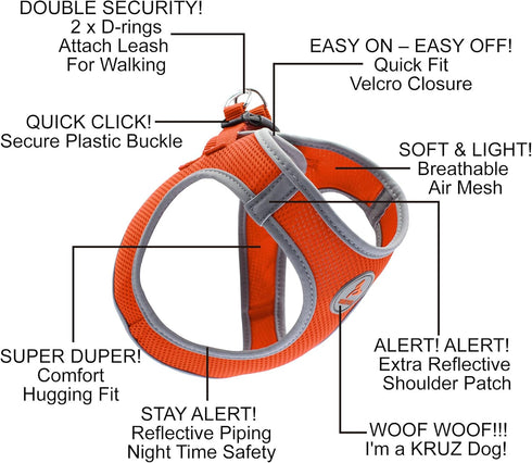 KRUZ PET Reflective Mesh Dog Harness, Adjustable No Pull Quick Fit Vest for Walking and Training, Small Medium Dogs -