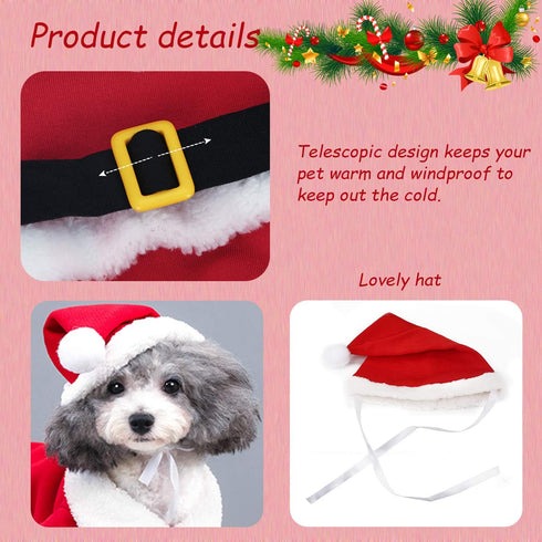 QETRABONE Small Santa Dog Cat Costume, Xmas Party Outfit, Red Santa Claus Hat & Scarf, X-Large