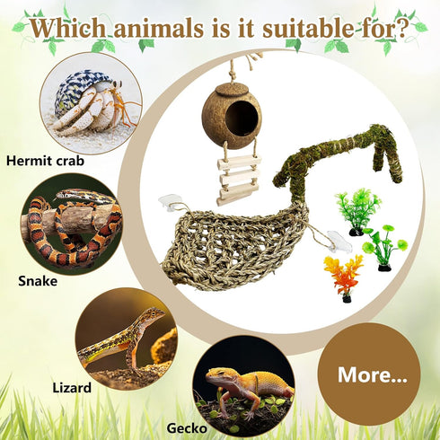 6 Hammock PCS Hermit Crab Accessories Large Bendable Moss Hermit Crab Climbing Toys Coconut Shell Hut with Ladder
