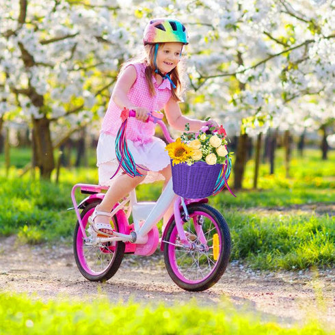 Kids Bike Basket Set - Handwoven Bike Baskets for Children with Spare Leather Straps and Bell, Easy Install