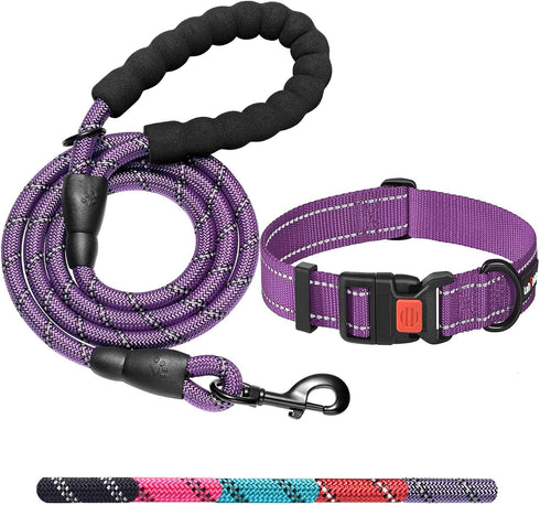 Heavy Duty Dog Leash, 5 ft Long - Comfortable Padded Handle, for Small Medium Large Dogs (Leash+Collar M Neck 16"-20",