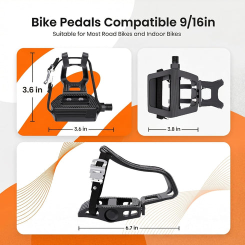 9/16'' 500lb Bike Pedals with Toe Cages for Regular or Clipless Shoes, Spindle, Compatible with Mountain Road Bikes