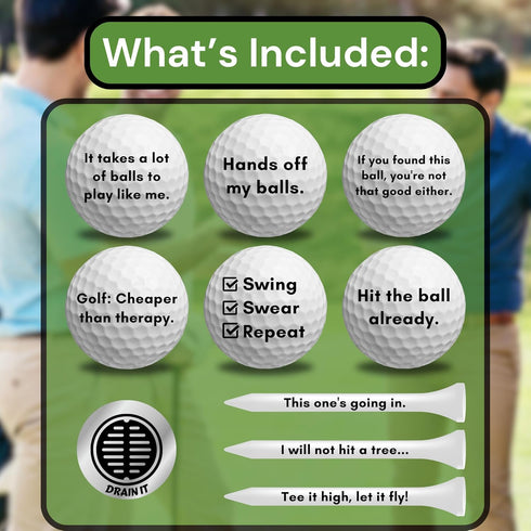 Funny Golf Ball Gift Set - Includes 6 Balls, 3 Tees, and 1 Marker for Men, Women, and Golfers