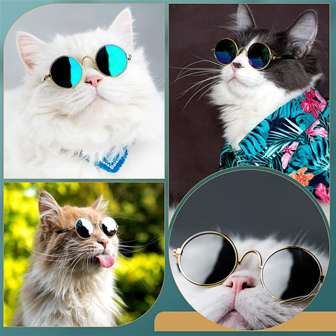 Dog Sunglasses - Retro Pet Glasses Classic Round Metal Eye Wear for Cats and Dogs, Cosplay Party Costume (Gold, Black)