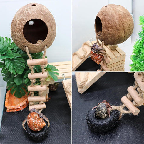 Neeenn Hermit Crab Climbing Toy, Natural Coconut Reptile Hideout with Ladder, Hanging Coconut Reptile House, Cage