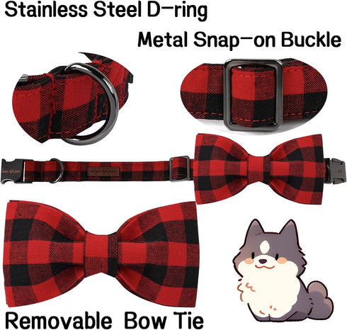 Unique Style Paws Cotton Dog Collar with Bow, Black Red Plaid for Small Medium Large Dogs