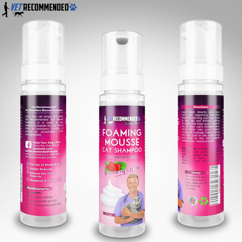 Waterless Cat Shampoo Foaming Mouse - 8 Oz/240 ml Strawberry Patch Scent - Alcohol & Detergent Free for Sensitive Skin