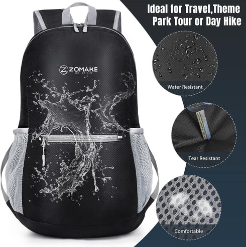 ZOMAKE Ultra Lightweight 20L Hiking Backpack, Packable Water Resistant Daypack for Women & Men (Black)