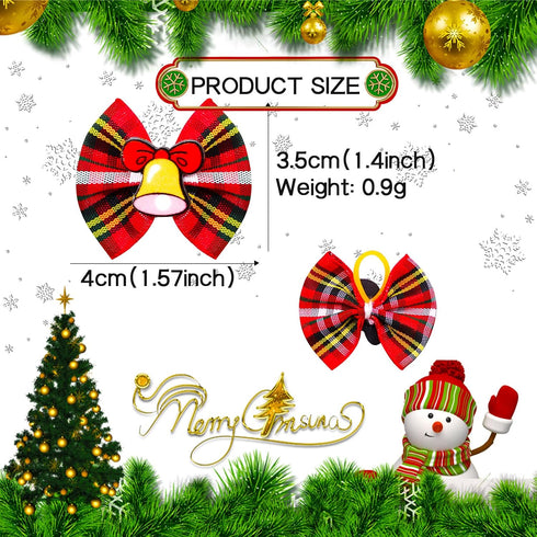 80pcs Christmas Small Dog Hair Bows, Bulk Plaids with Rubber Bands, Mix Christmas Pattern Pet Grooming Bows