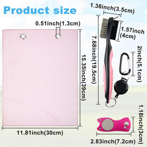 PAGOW Golf Cleaning Kit, Microfiber Towels, Club Groove Cleaner Brush, Foldable Divot Tool, Pink