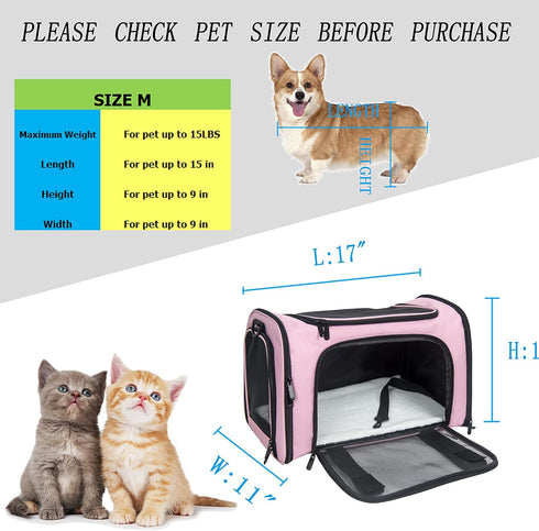 TSA Approved Medium Pink Soft Pet Carrier for Cats and Dogs