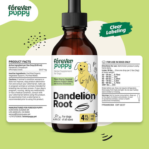 Dandelion Root for Dogs, Liver Detox & Cleanse Drops for All Sizes, Natural Supplements - 4 oz