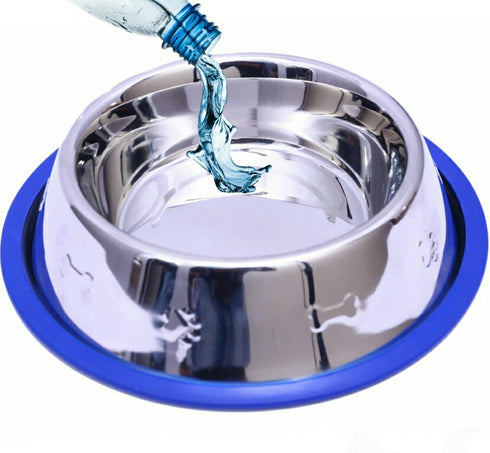 Set of 2 Etched Stainless Steel Dog Bowls, 32oz Each with Non-Skid No-Tip Silicone Ring, Easy to Clean