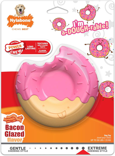 Nylabone Power Chew Donut Dog Chew Toy - Fun Durable Dog Toys for Aggressive Chewers, Bacon Glazed Flavor, Large/Giant