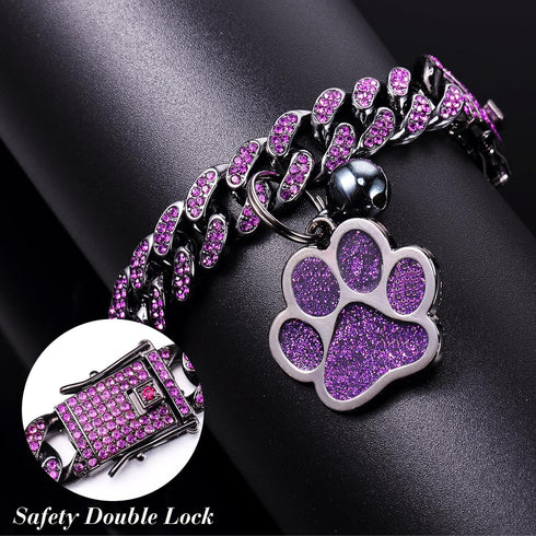Hillban Cat Collar Diamond Chain Glitter Necklace with Secure Buckle and Paw Charm for Small Cats (Steel Black, Purple,