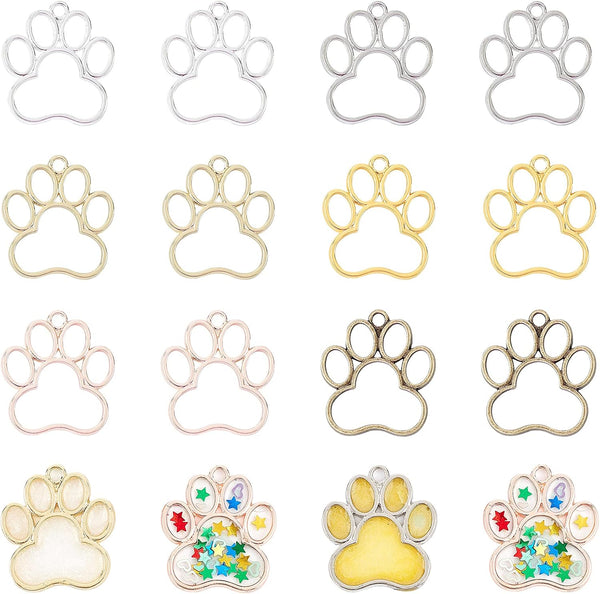 OLYCRAFT 24PCS Dog Paw Open Bezel Charms, 29x32mm Alloy Frame Pendants for Resin Jewelry Making – 6 Colors