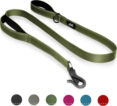 TwoEar 5FT 1IN Strong Green Dog Leash, 2 Padded Handles, Traffic Handle for Extra Control, Reflective Lead for All Dogs