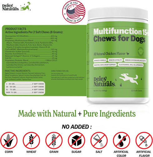 Deley Naturals 15 in 1 Dog Multivitamin Treats - 120 Grain Free Soft Chews for Immune System, Skin & Coat, Joint